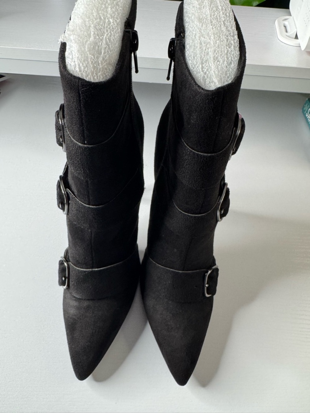 Black Pointed Buckle Ankle Boots - Women
